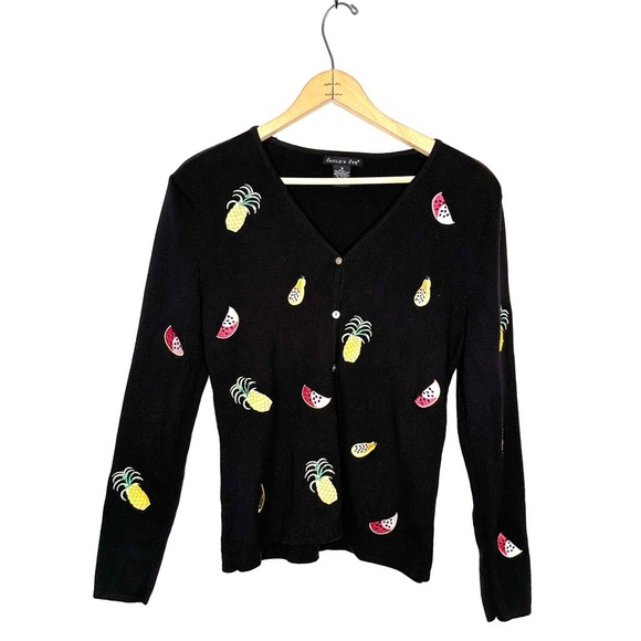 Eagle’s Eye | Black Embroidered Fruit Cardigan Sweater Size Small - Picture 1 of 5